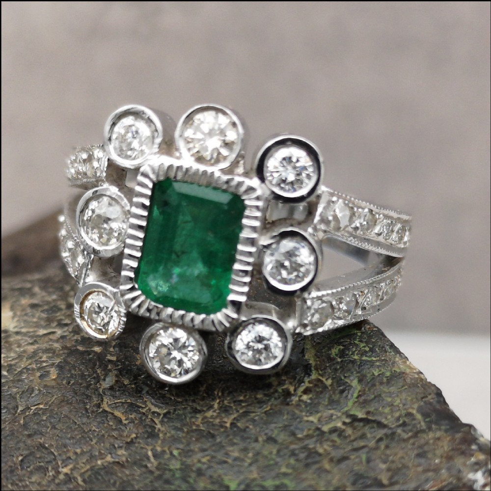 Stunning Art Deco Bespoke 18ct White Gold1.2ct Emerald & 1.2ct Diamond Ring