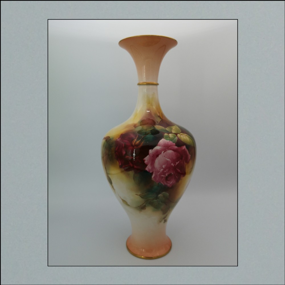 Large Royal Worcester Vase Decorated With Roses Signed Austin