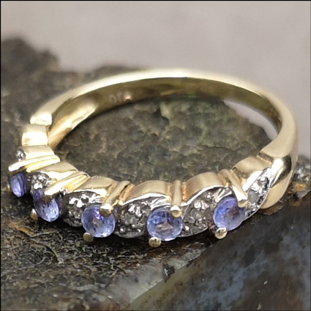 Unusual 9ct Gold Tanzanite & Diamond Half Hoop Ring