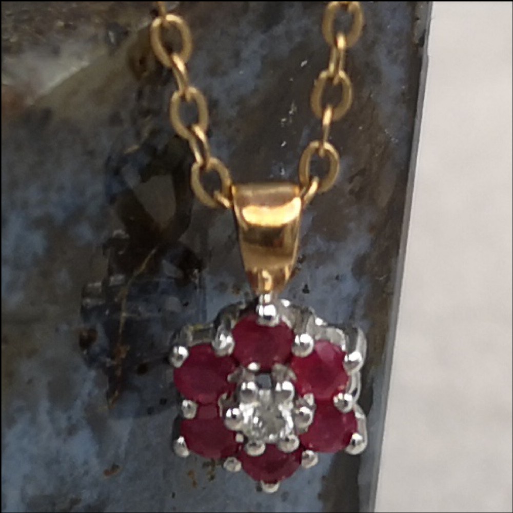9ct Gold Ruby And Diamond Cluster Pendant On Chain