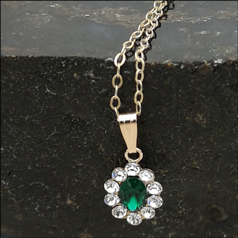 Vintage 9ct Gold Chain with CZ and Green Stone Pendant