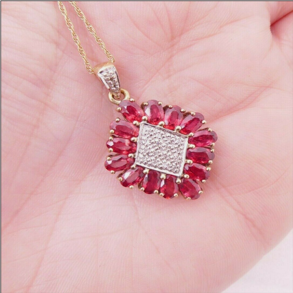 9ct Gold Garnet and Diamond Pendant with Gold Chain