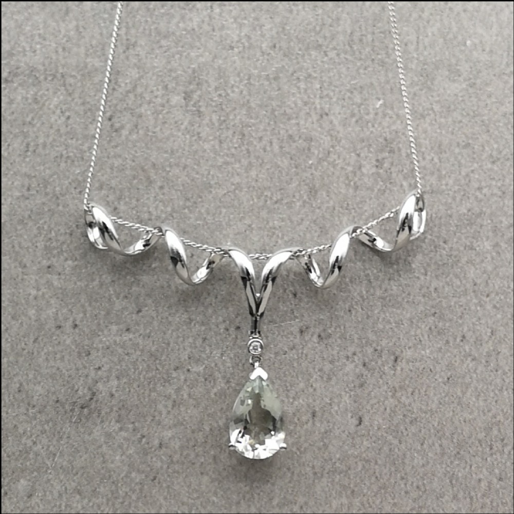 9ct White Gold Diamond & Pale Green Pear Cut Quartz Pendant & Necklace