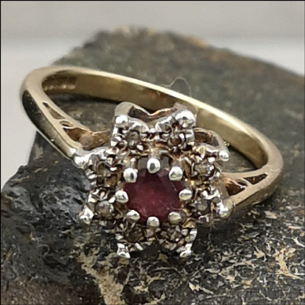 9ct Gold Ruby and Diamond Flower Ring