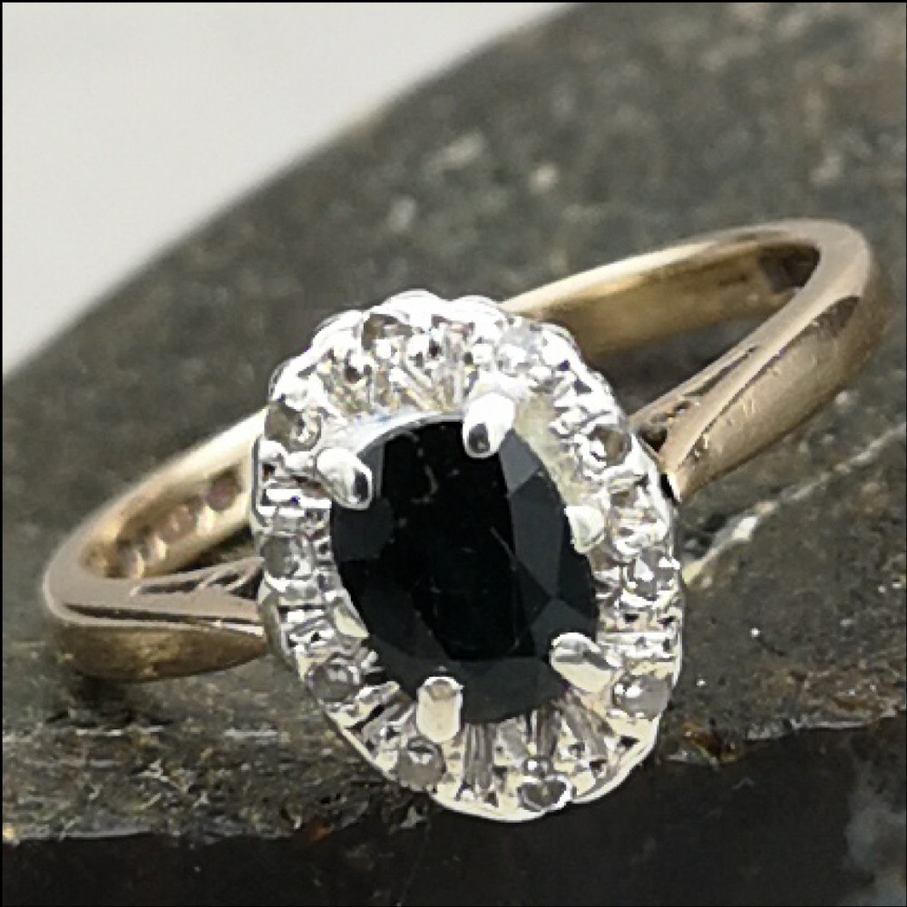 9ct Gold Sapphire and Diamond Cluster Ring, Size O 1/2