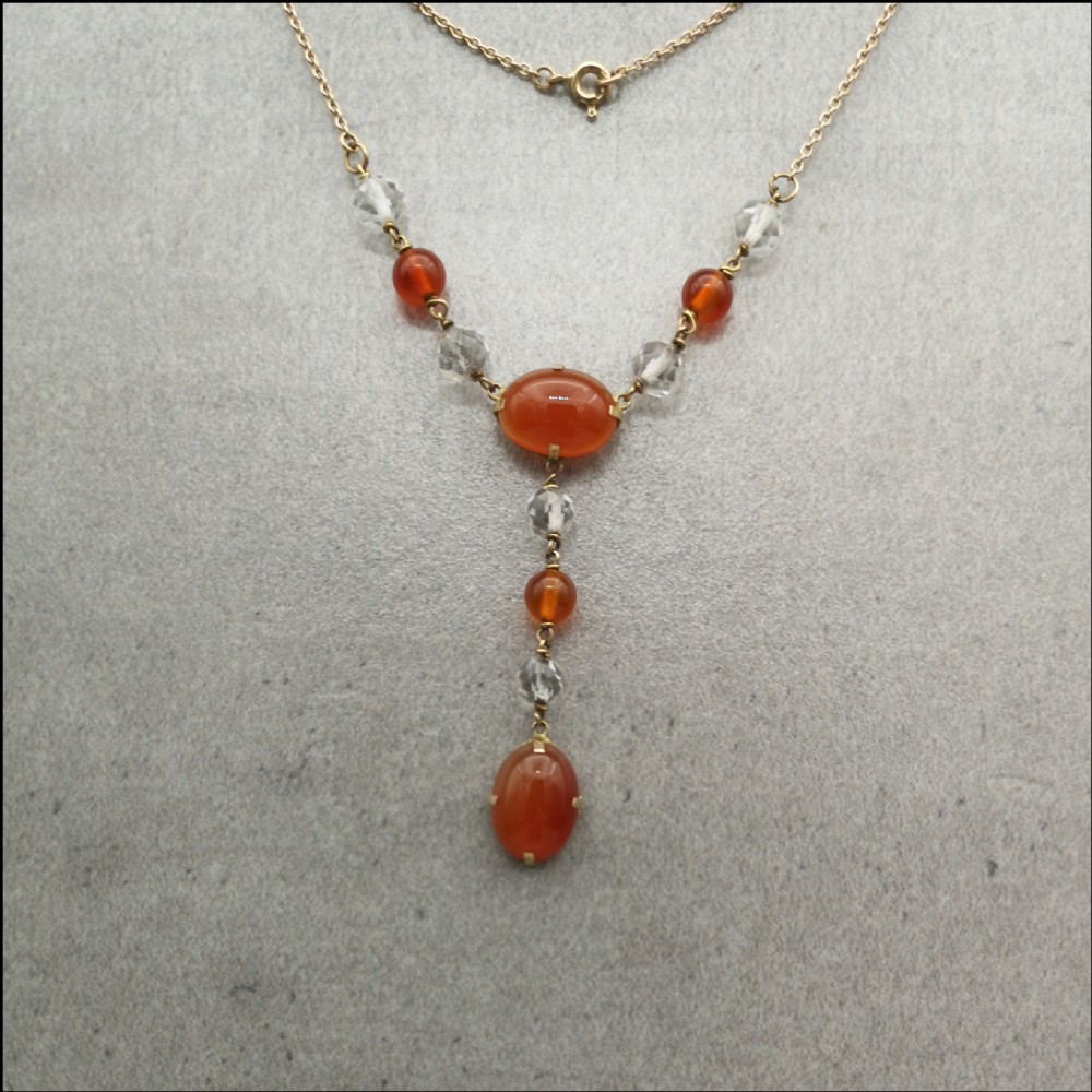 9ct Gold Art Deco Carnelian and Crystal Necklace