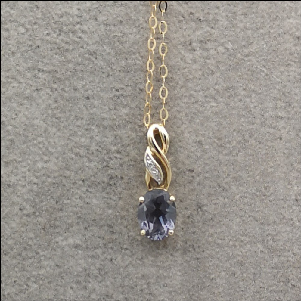 9ct Gold Two Stone Diamond and Tanzanite Pendant and Chain