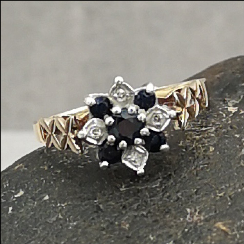 9ct Gold Sapphire Diamond Flower Cluster Cocktail Ring