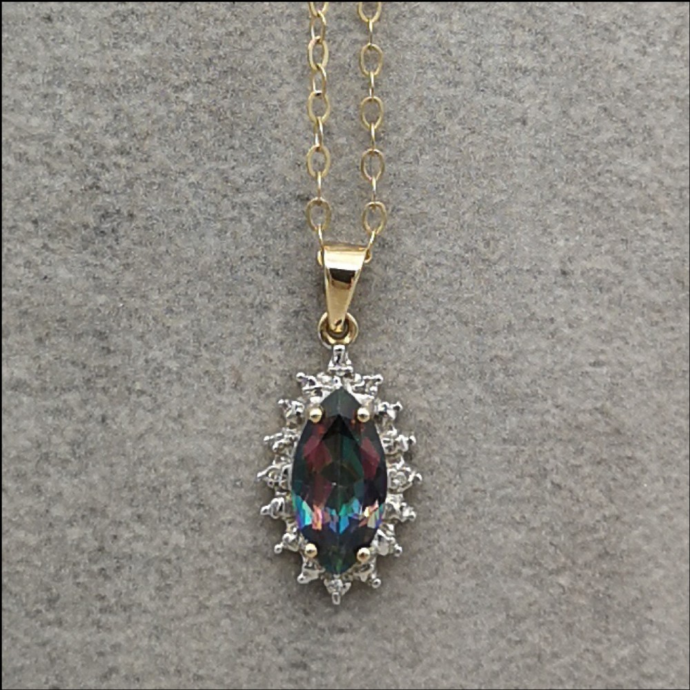 9ct Gold Diamond and Mystic/Rainbow Topaz Pendant and Chain