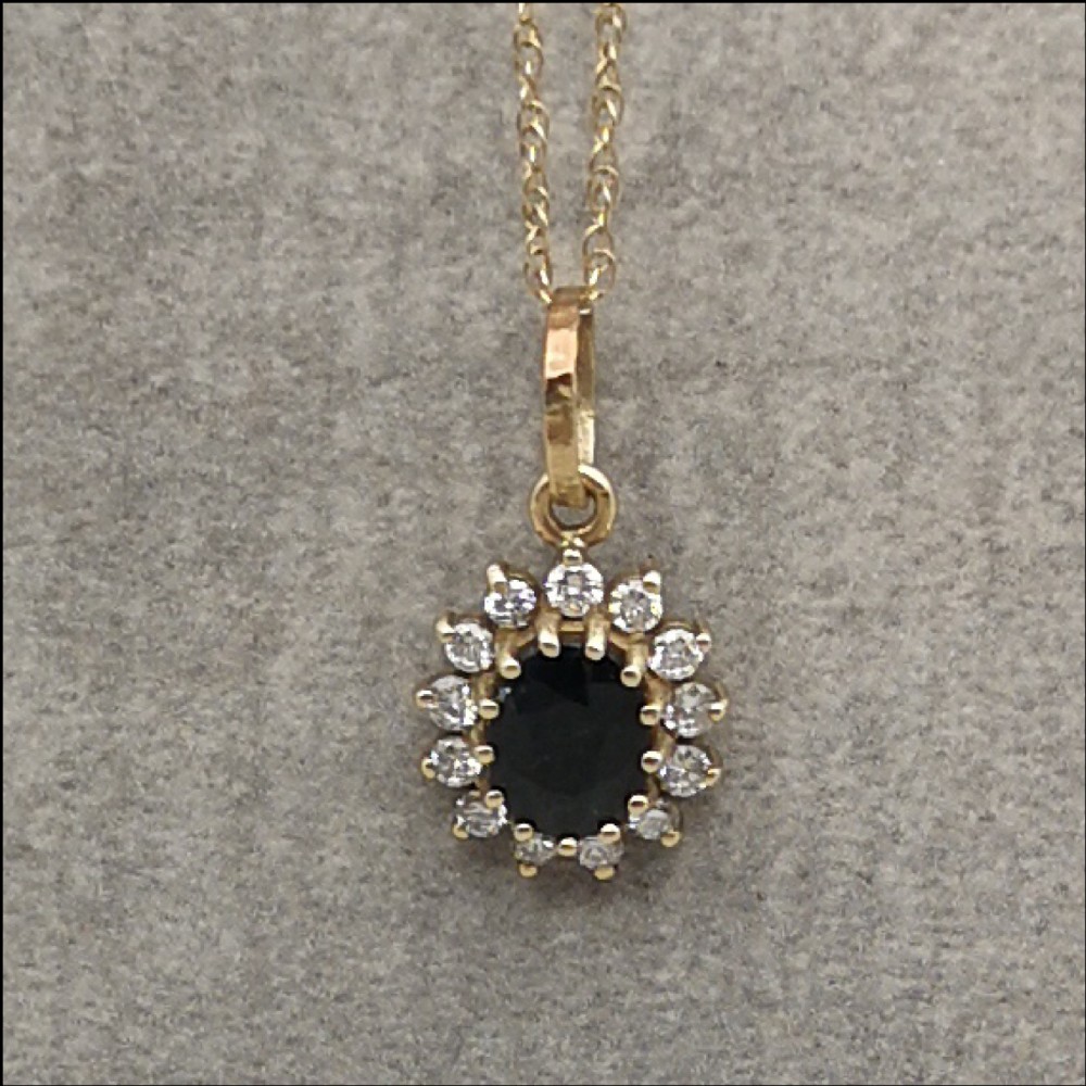 9ct Gold 0.5ct Diamond & 1ct Sapphire Pendant and Chain