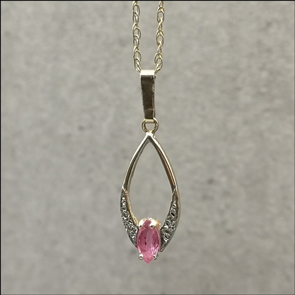 9ct Gold Diamond & Pink Sapphire Art Deco Pendant and Chain