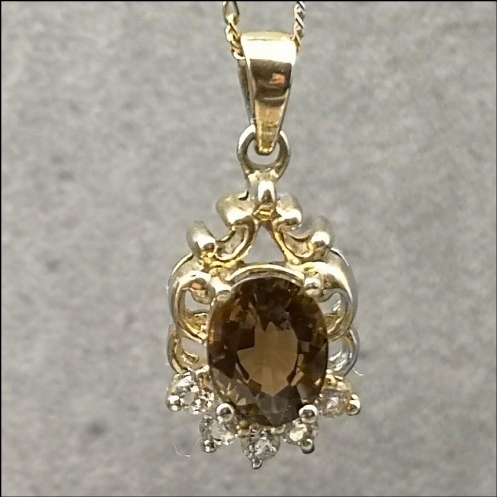 9ct Gold Cognac Tourmaline and White Topaz Pendant and Chain
