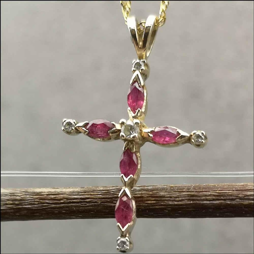 9ct Gold Ruby and Diamond Cross and Chain
