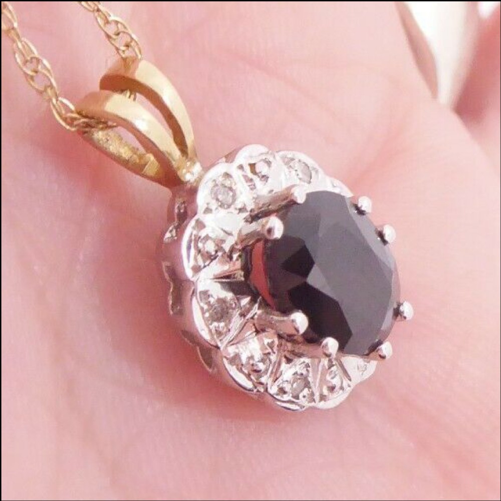 9ct Gold Diamond & Sapphire (1ct) Cluster Pendant and Chain