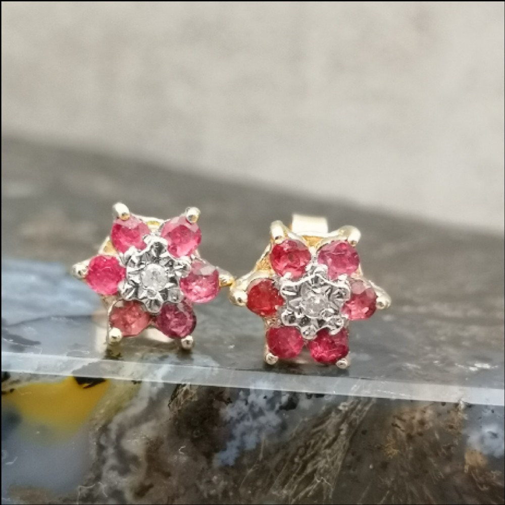 9ct Gold Ruby & Diamond Flower Cluster Stud Earrings