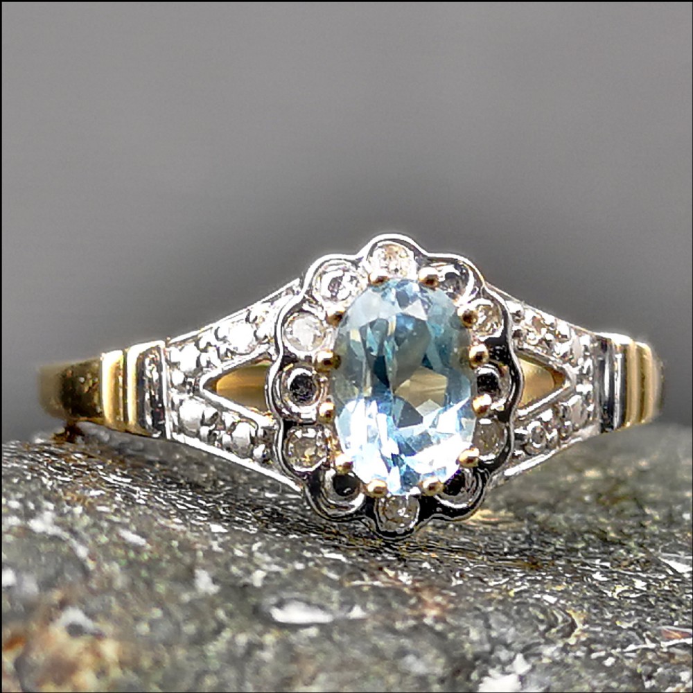 9ct Gold Blue Topaz and Diamond Ring