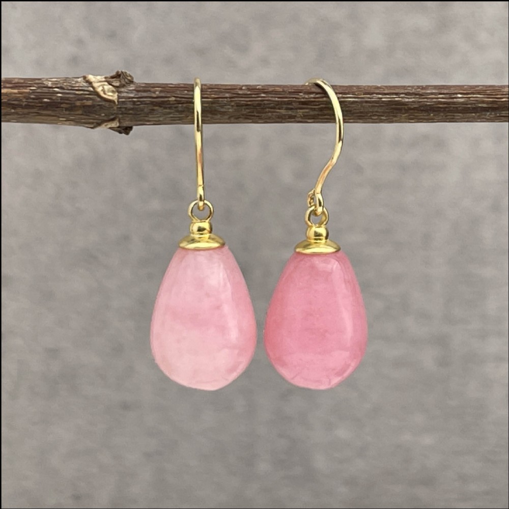 9ct Gold Pair of Pear Drop Pink Rhodochrosite Drop Earrings