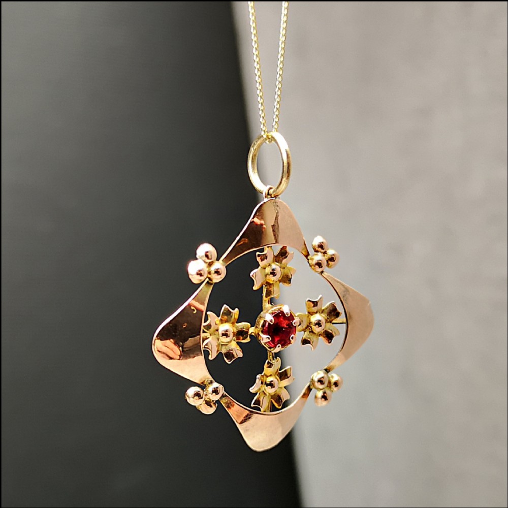  9ct Edwardian Rose Gold and Garnet Pendant with Chain