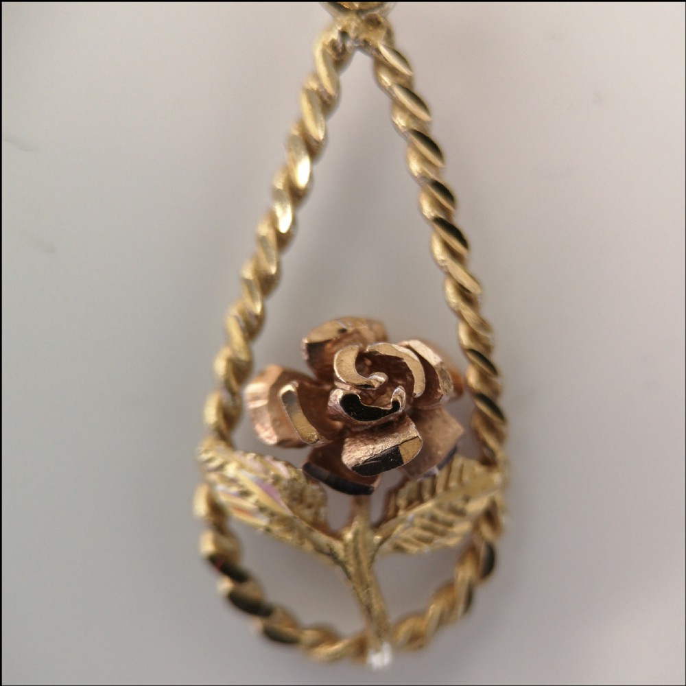 9ct Gold Two Tone Vintage Rose Pendant and Chain