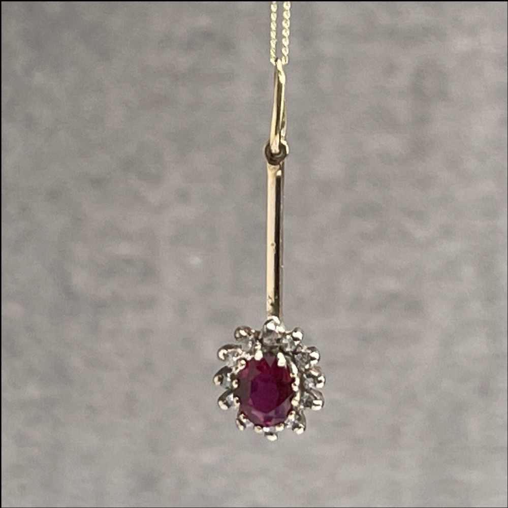 9ct Gold Ruby & Diamond Drop Cluster Pendant and Chain