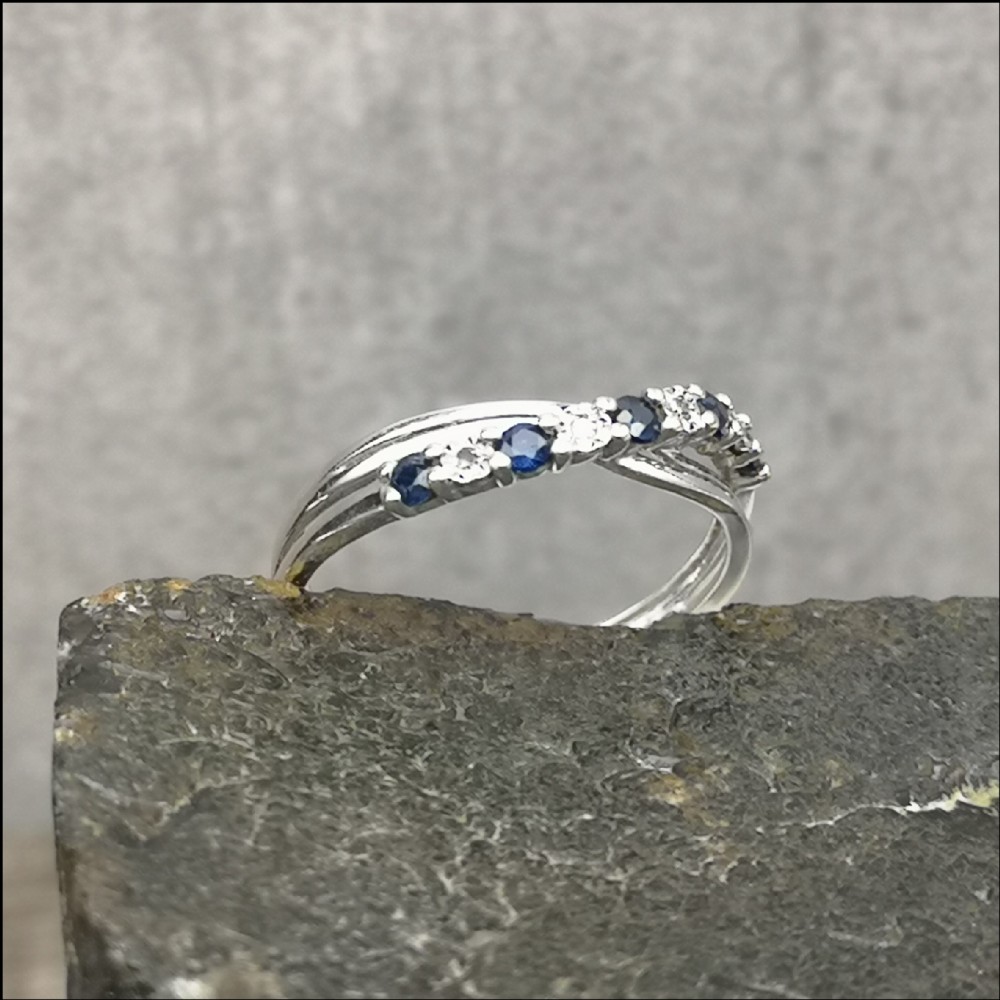 9ct White Gold Sapphire & Diamond Crossover Ring