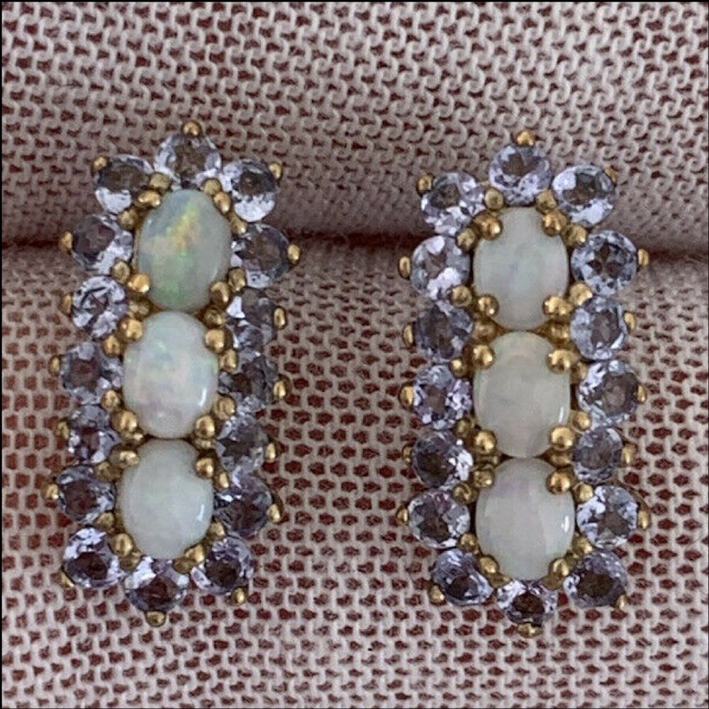 9ct Gold Fiery Opal & Tanzanites Cluster Stud Earrings