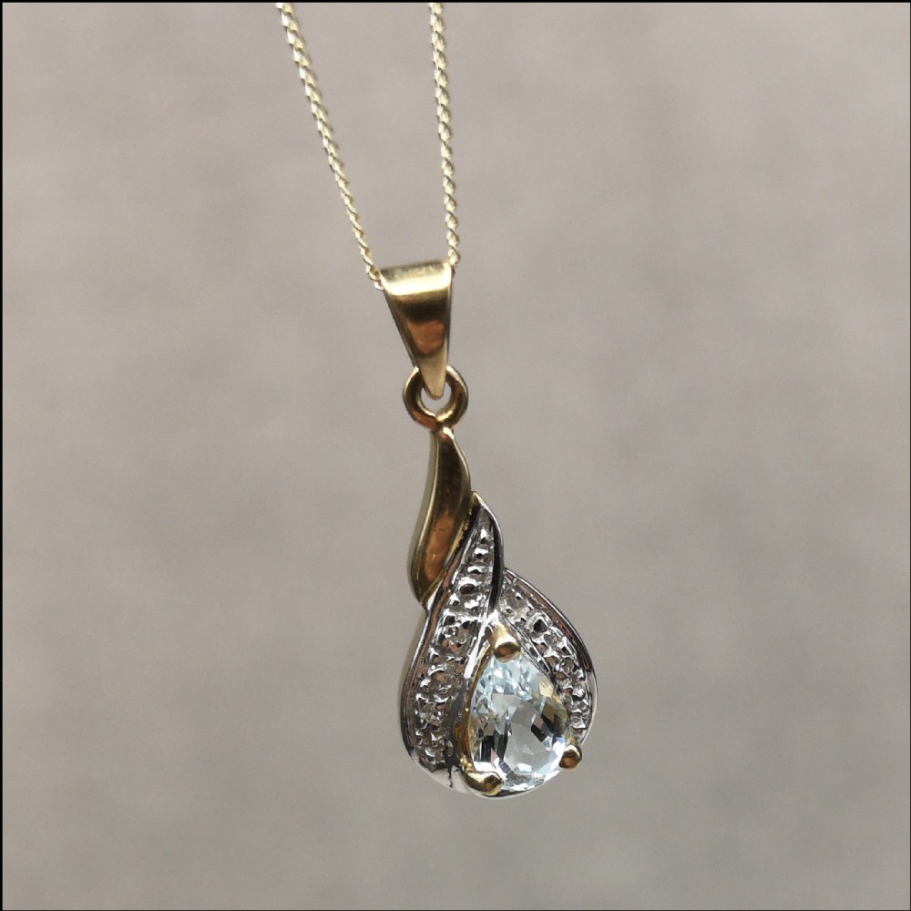 9ct Gold Pear Drop Blue Topaz and Diamond Necklace