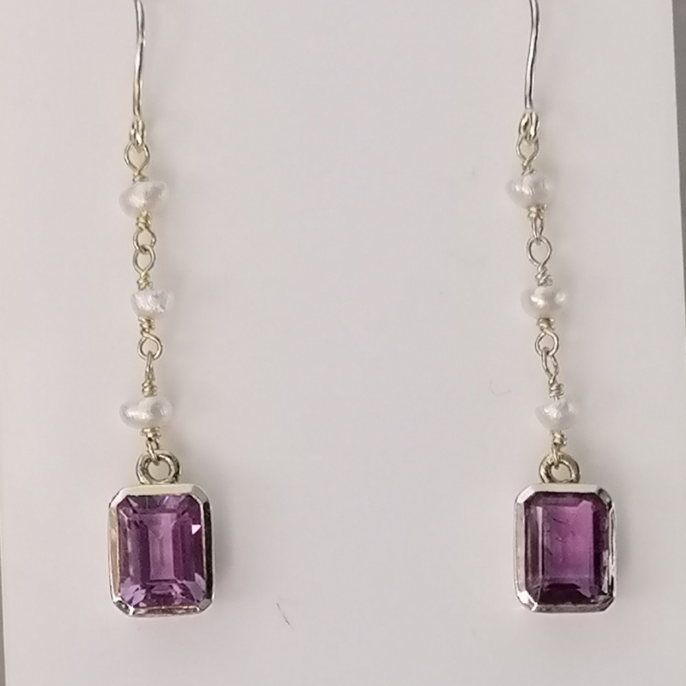9ct Gold Emerald Cut Amethyst & Baroque Pearl Large Drop Dangling Earrings