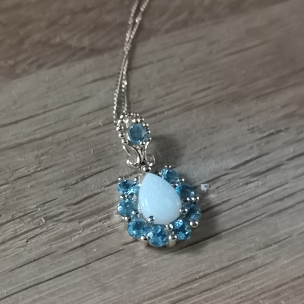 9ct Art Deco Gold Blue Topaz and Opal Pendant Necklace