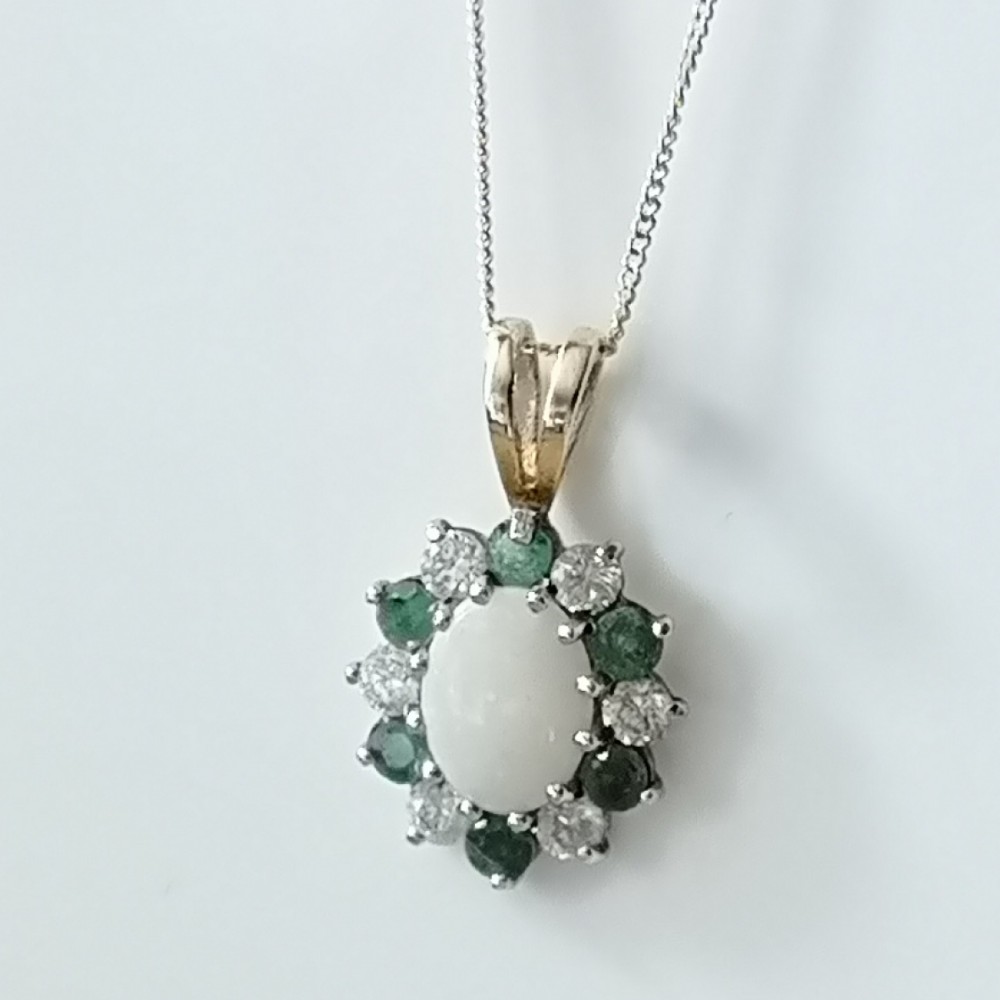 9ct Gold Emerald, Opal and White Sapphire Pendant Necklace