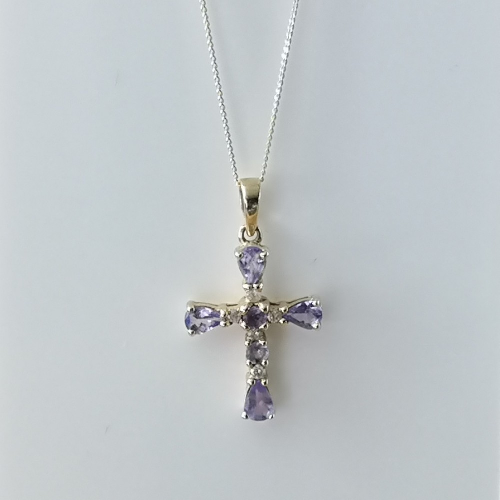 9ct Gold Diamond and Tanzanite Cross Pendant Necklace