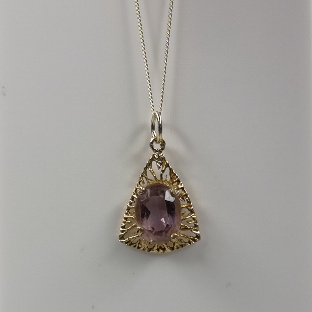 9ct Gold Amethyst Solaire Triangular Pendant Necklace