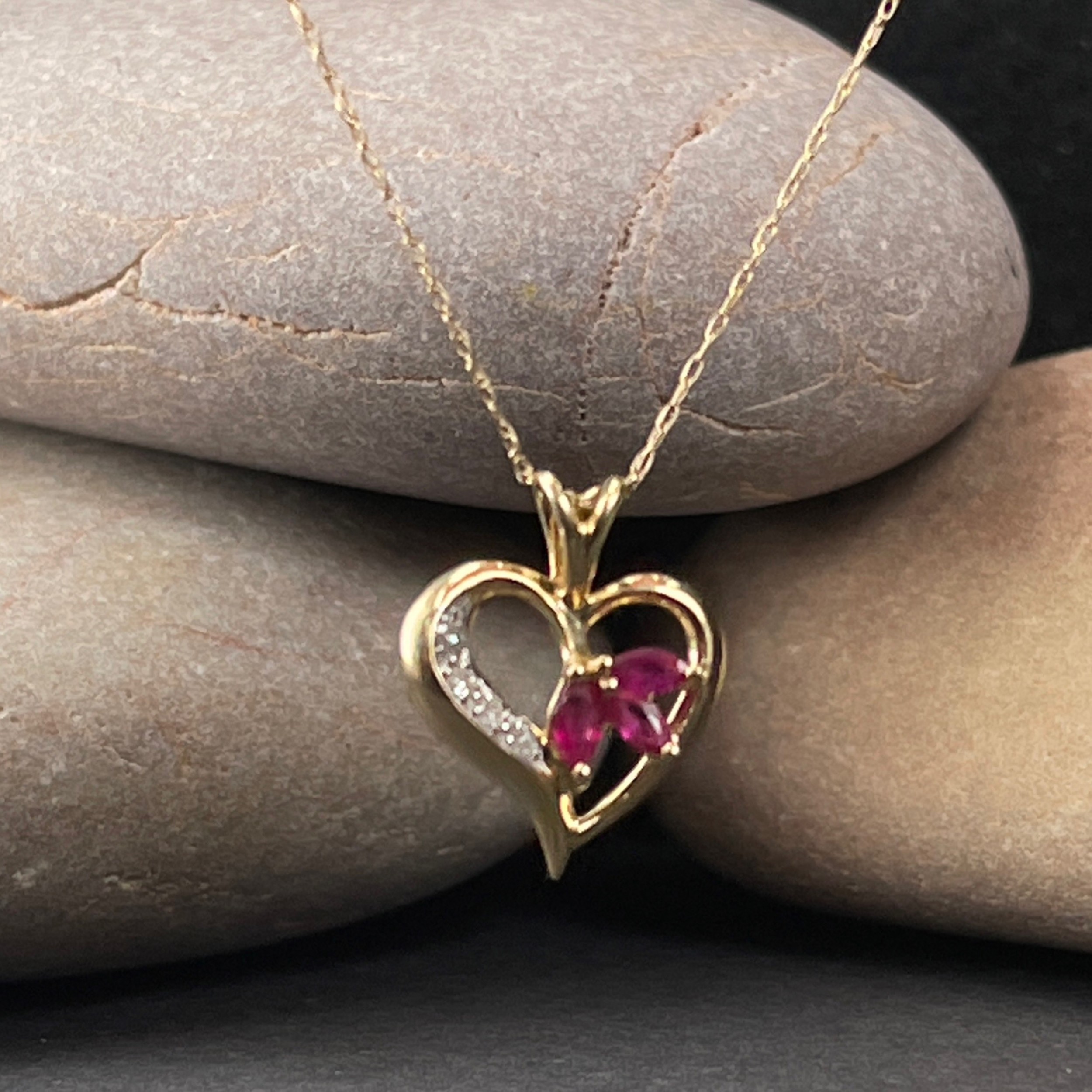 9ct Gold Ruby & Diamond Heart Pendant Necklace