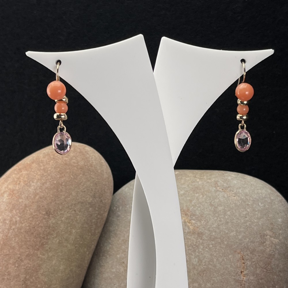 9ct Gold Coral & Amethyst Drop Earrings