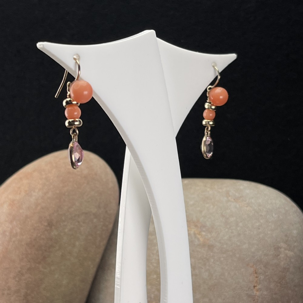 9ct Gold Coral & Amethyst Drop Earrings View II