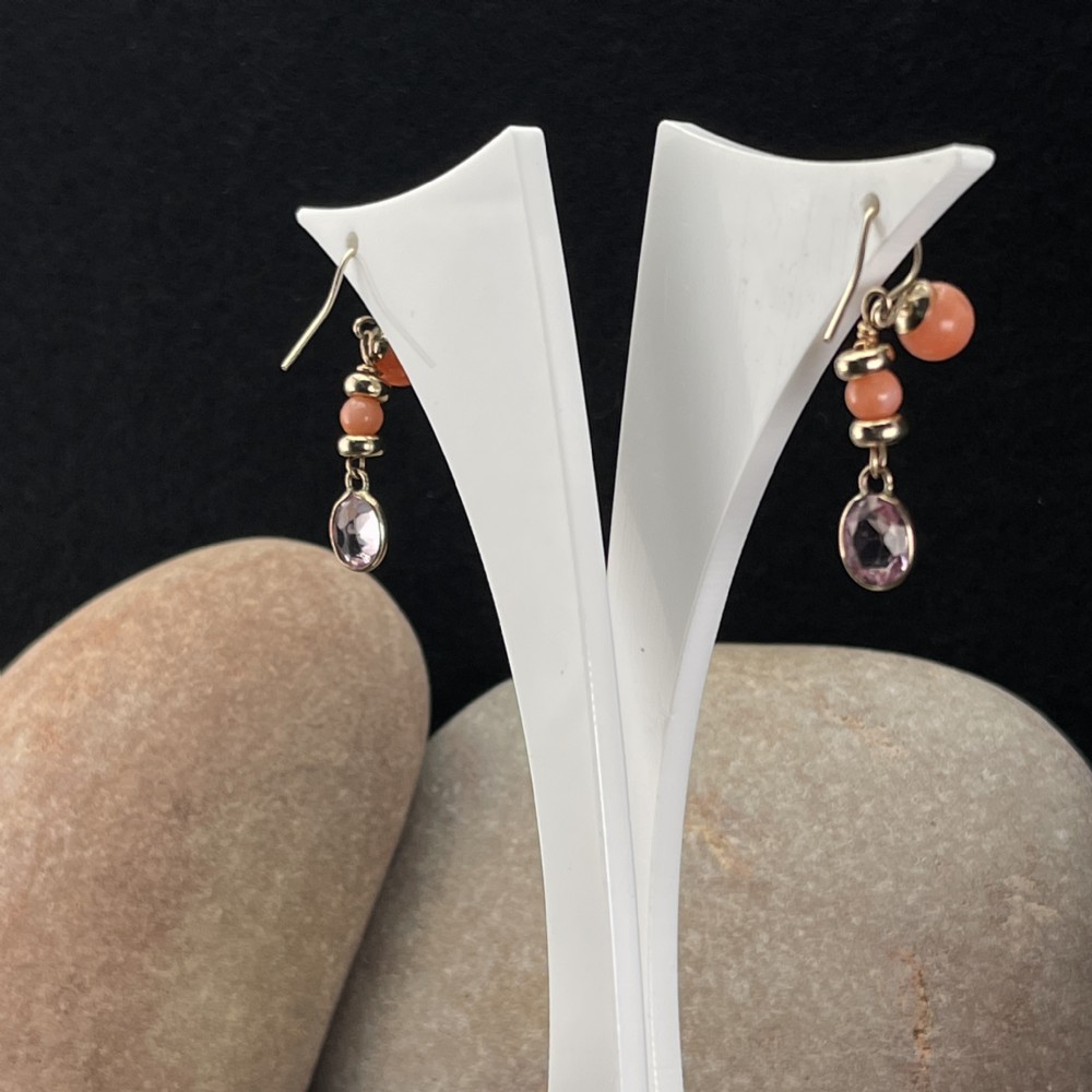 9ct Gold Coral & Amethyst Drop Earrings View III