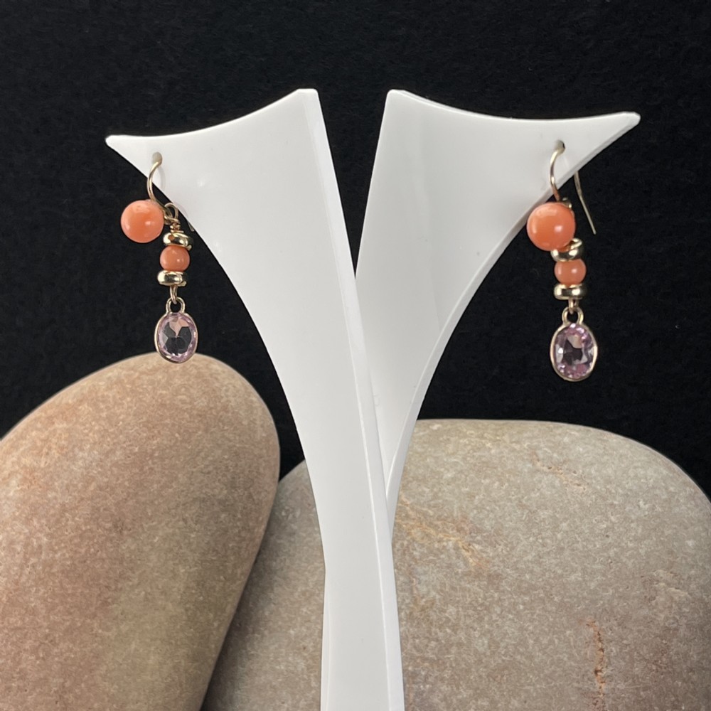 9ct Gold Coral & Amethyst Drop Earrings View V