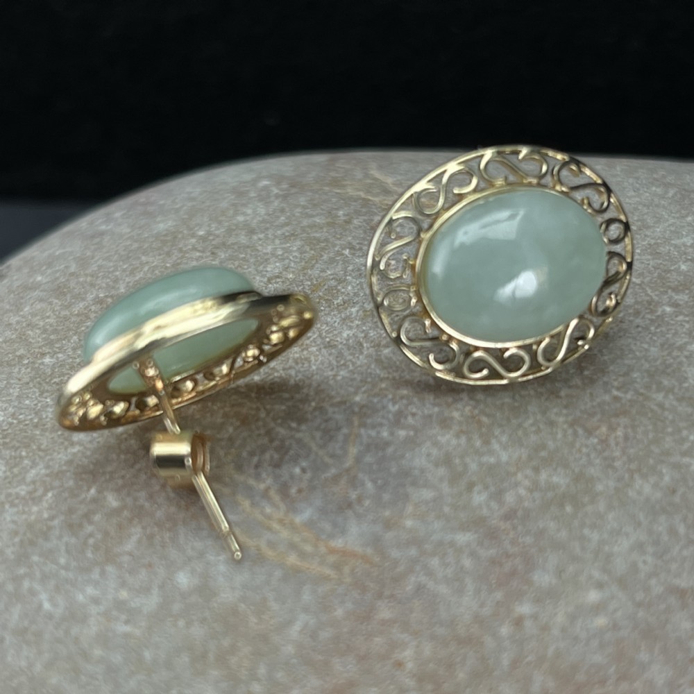 9ct Gold Large Jade Stud Earrings View II