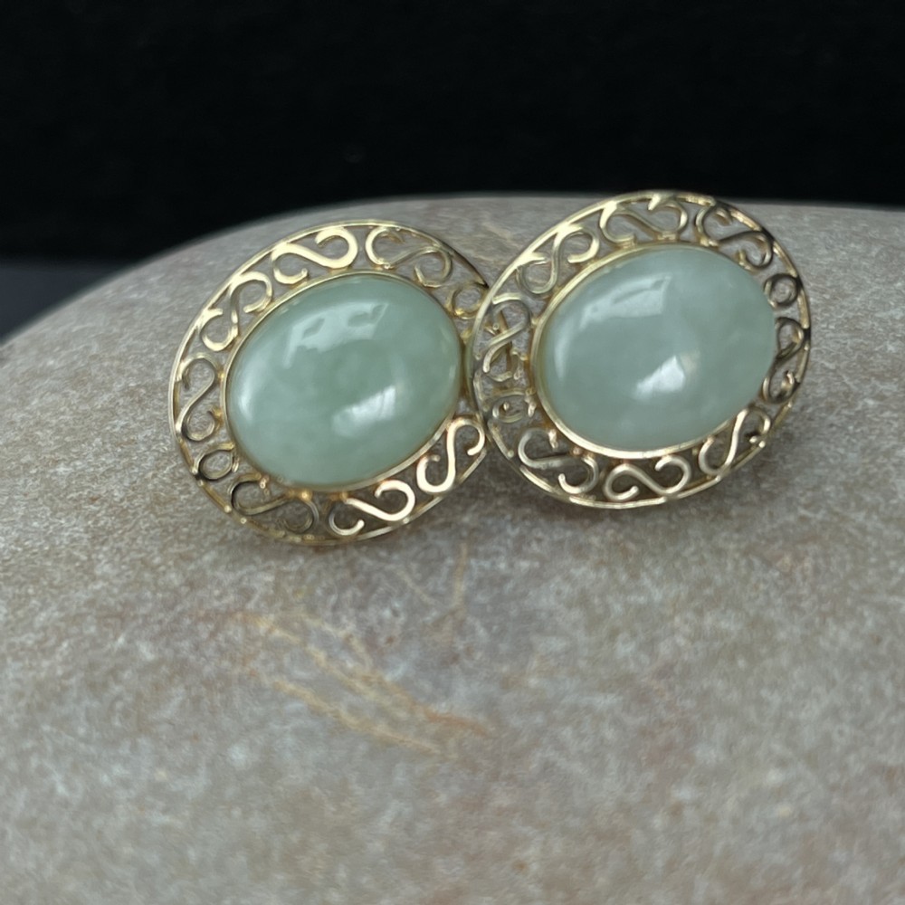 9ct Gold Large Jade Stud Earrings View III