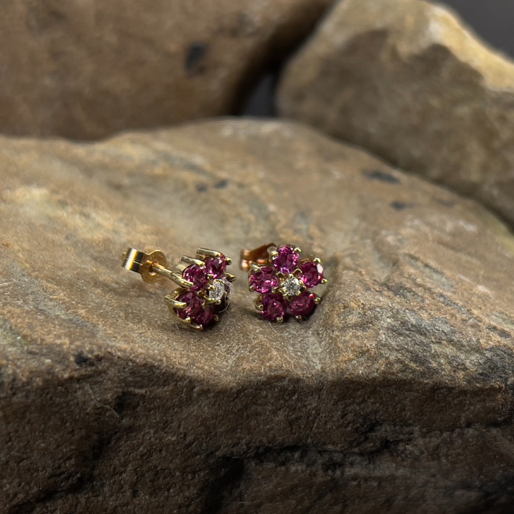 9ct Gold Diamond & Ruby Cluster Stud Earrings
 View II