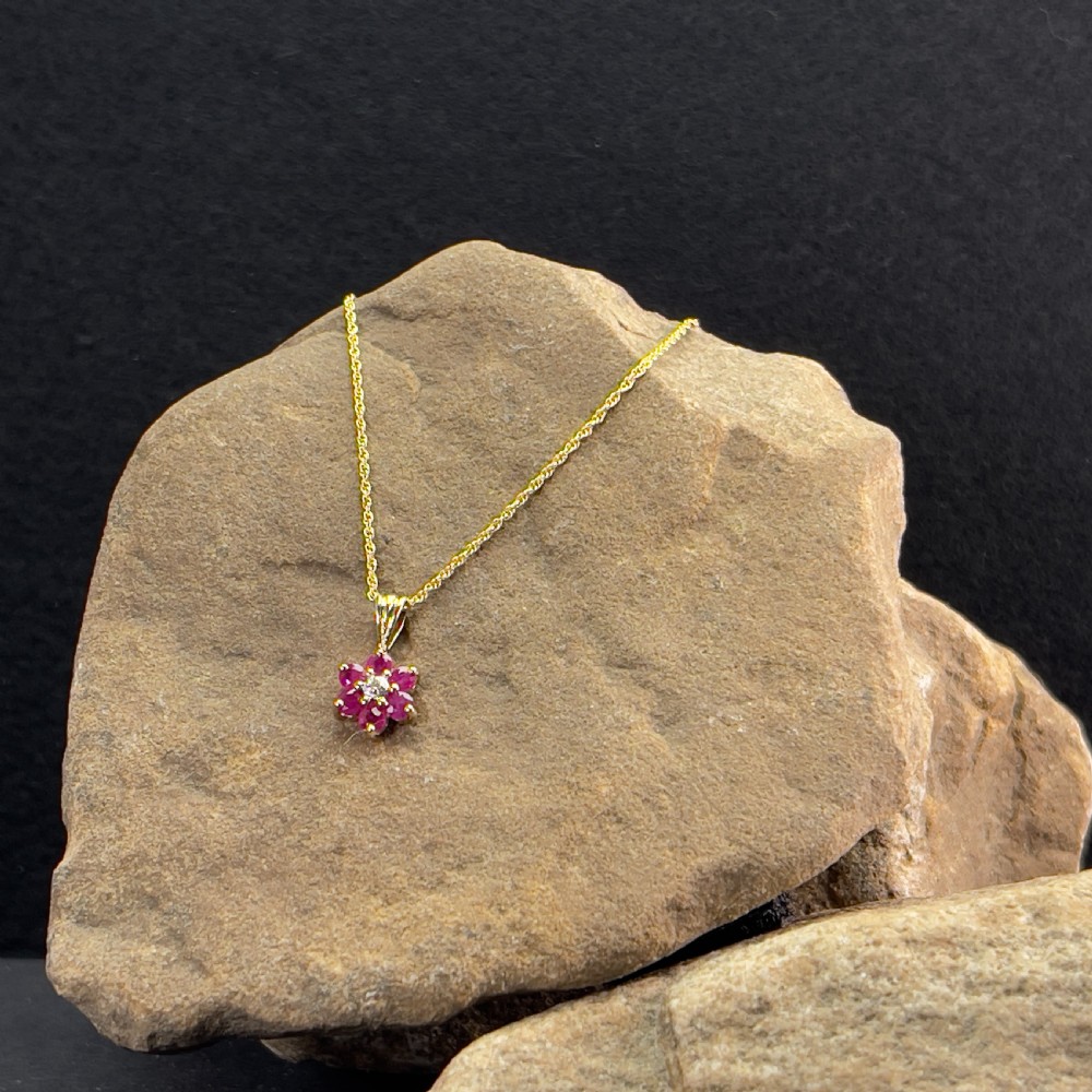 9ct Gold Diamond & Ruby Cluster Pendant Necklace
 View II