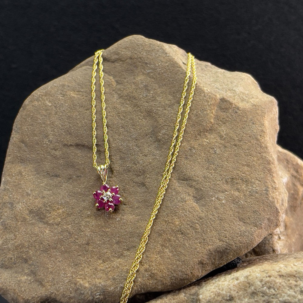 9ct Gold Diamond & Ruby Cluster Pendant Necklace
 View III