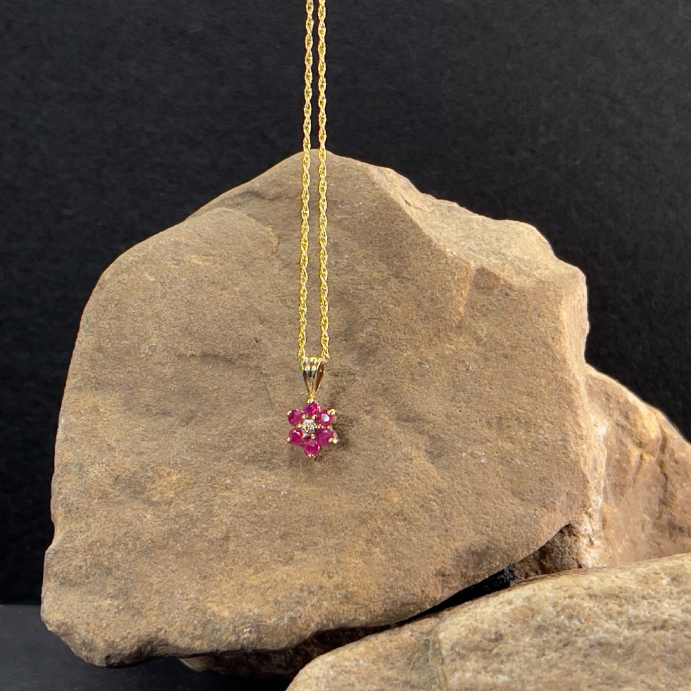 9ct Gold Diamond & Ruby Cluster Pendant Necklace
 View V