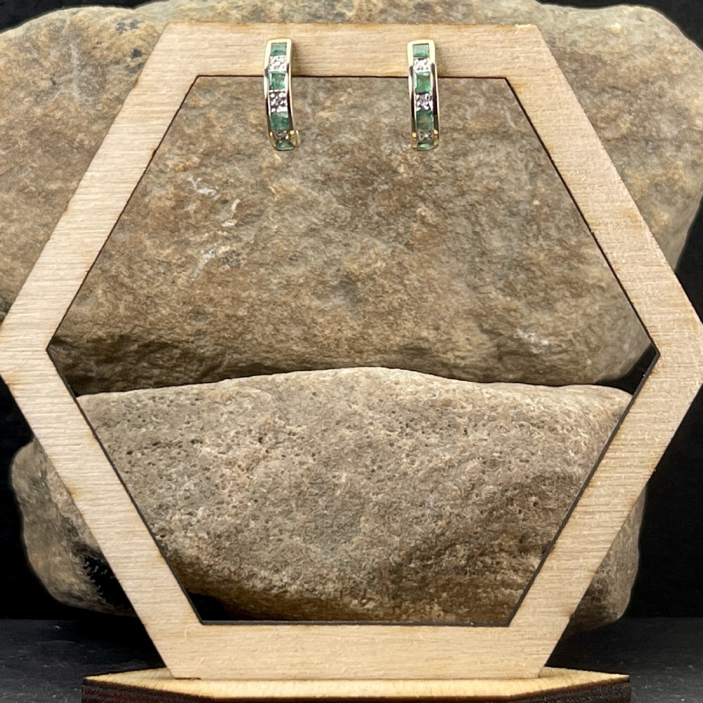 9ct Gold Emerald & Diamond Rounded Stud Earrings View II
