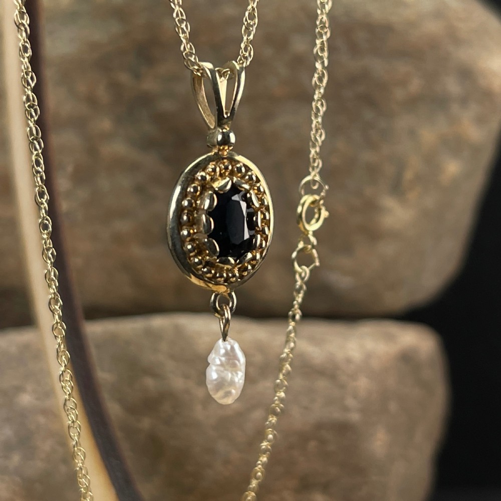 9ct Gold Sapphire & Pearl Pendant Necklace View VI