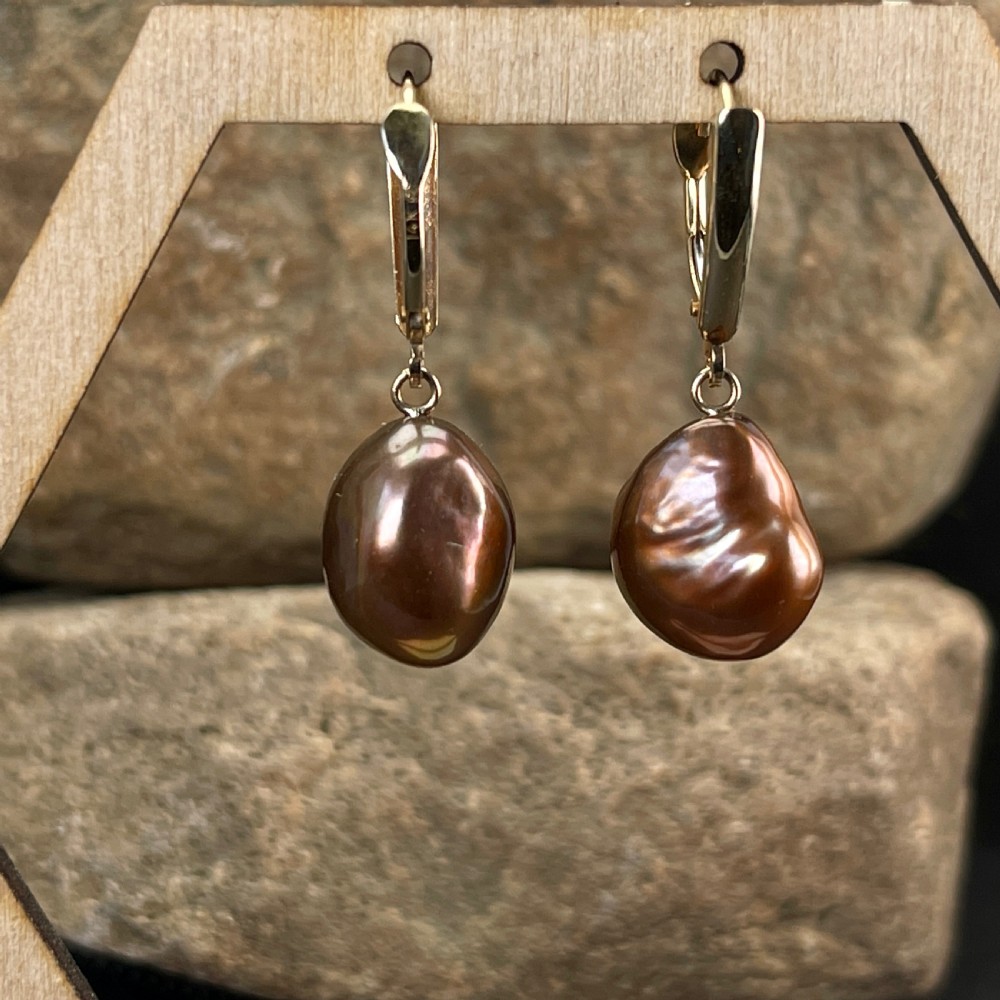 14ct Gold Baroque Pearl Drop Hinged Earrings