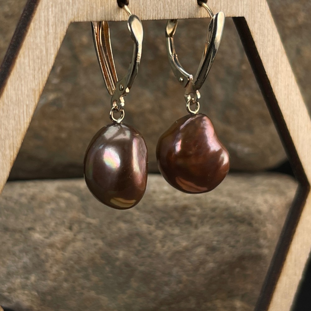 14ct Gold Baroque Pearl Drop Hinged Earrings View III