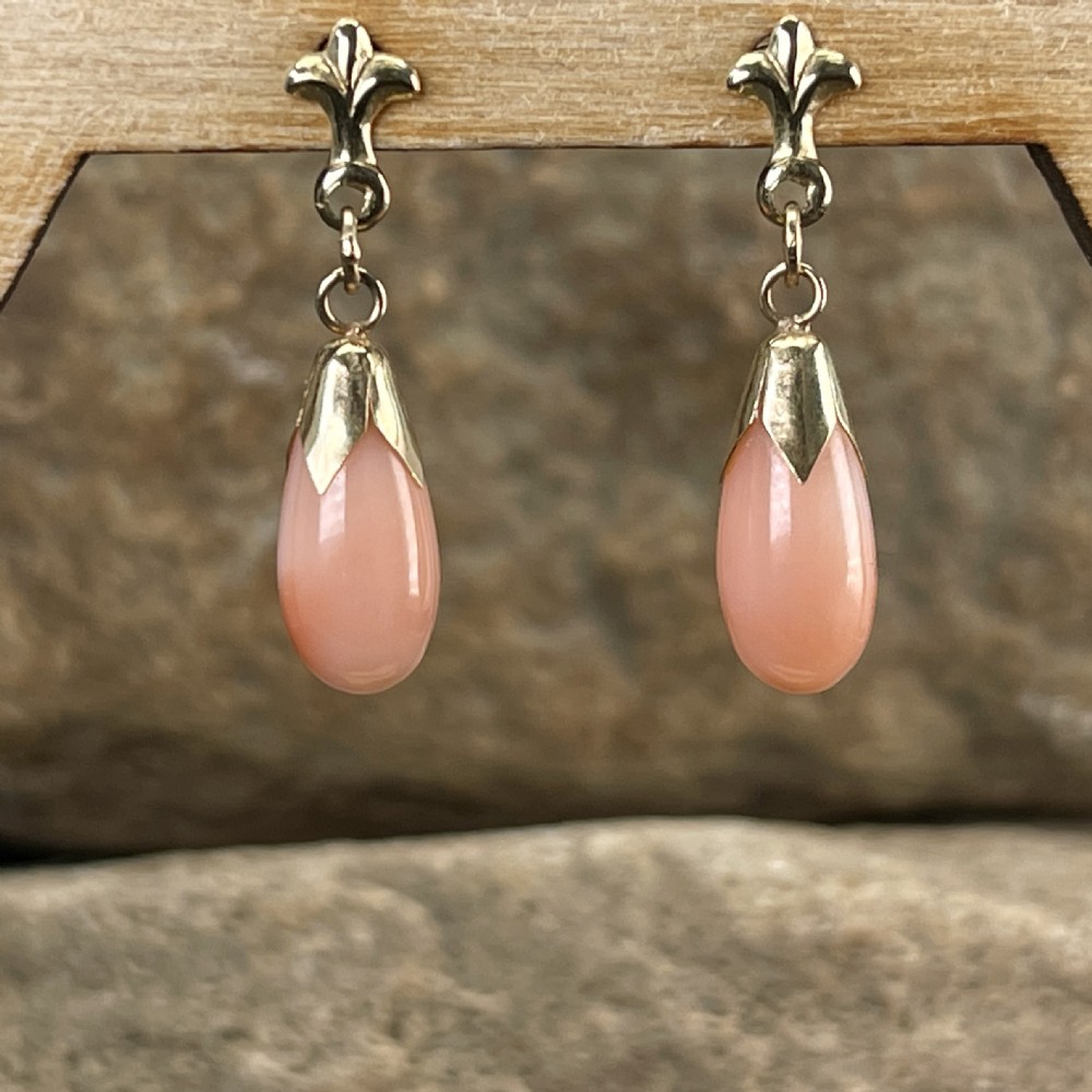 9ct Gold Vintage Angel Coral Drop Earrings