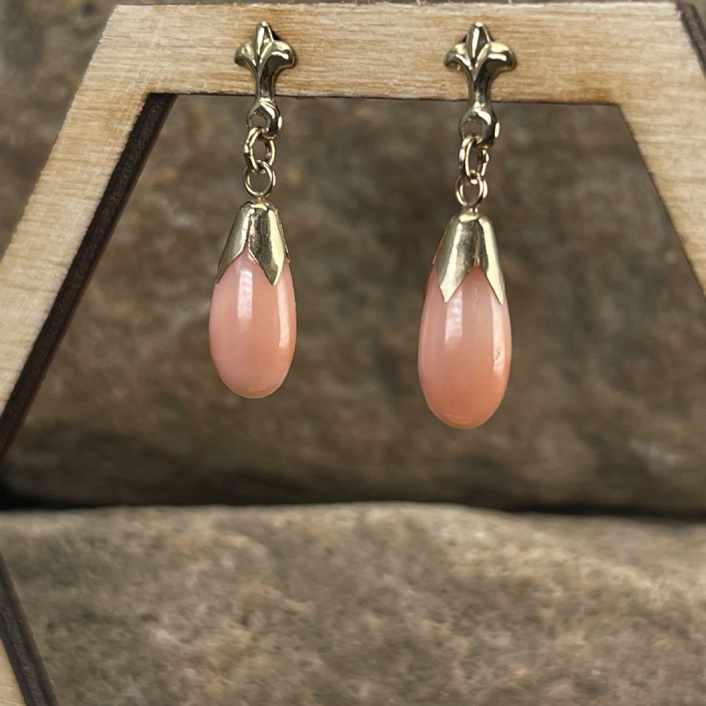 9ct Gold Vintage Angel Coral Drop Earrings View II