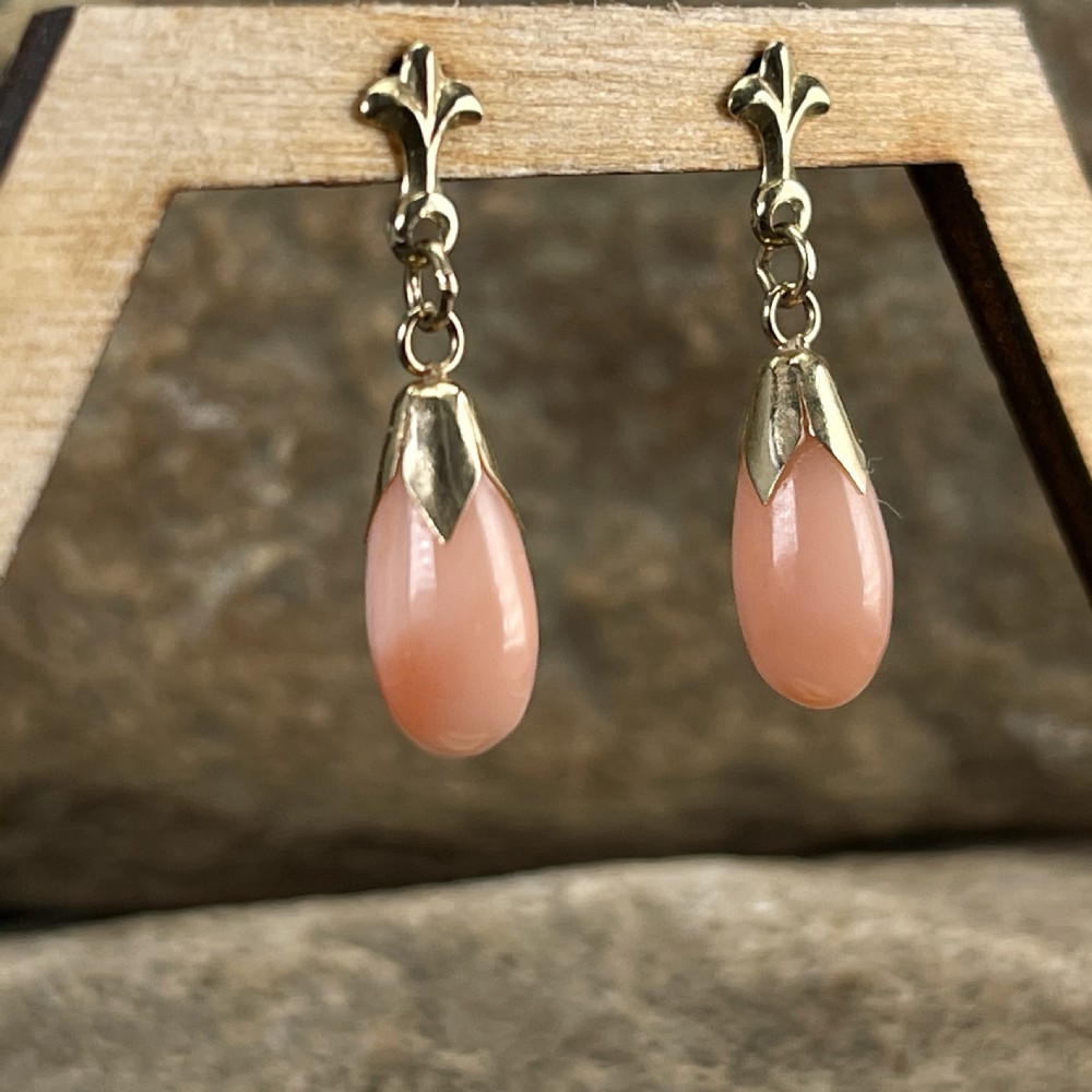 9ct Gold Vintage Angel Coral Drop Earrings View III